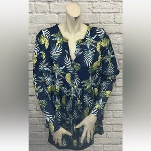 ALLEGRACE MULTI COLOR PINEAPPLE PRINT LONG SLEEVE TOP SIZE 2X